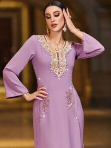Al Najma V-Neck Long Sleeve Elegant Purple Rhinestone Waist Long Dress With Arabic Design Kaftan Jalabiya Dress