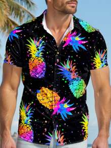 Manfinity VCAY Men's Black Pineapple Print Woven Casual Short Sleeve Shirt - Black - View 1