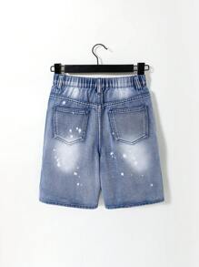 TWEEN BOY URBAN STREET COOL KIDS RIPPED CLASSIC DENIM SHORTS, Medium Blue Elastic Waistband And Button Zip Closure, And Classic. - Medium Wash - View 2