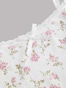 SHEIN MOD Women's Ditsy Floral Lace Trim Mini Knitted Dress, Summer Mini Dress - Pink - View 3