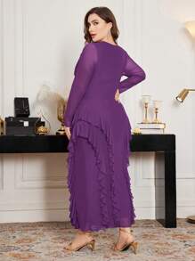 Modelyn Plus Size Elastic Net Fabric Off-Shoulder Ruffle Hem Tight Elegant Dress, Spring/Summer - Red Violet - View 2