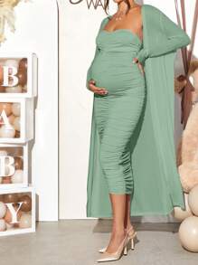 Loomaby Bộ đồ bầu 2 món - Áo len cardigan và váy màu trơn, đơn giản và thời trang - màu xanh lá - Xem 6