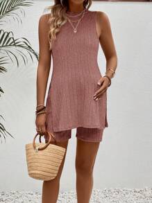 SHEIN 2pcs Pregnant Women Vacation Casual Solid Color Side Slit Cami & Shorts Set - Pink - View 5