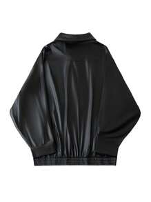 SHEIN MOOSTA 大码女式黑色皮革拼接红色格子面料摩托车街头夹克 - 黑色 - 查看 2