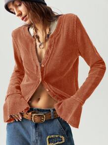 Bohemela 度假休闲纯色 V 领长袖修身常规女式 T 恤