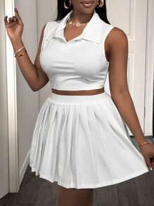 Slaydiva Set de 2 piezas 2025 Nueva temporada: Suéter informal clásico de cuello polo emparejado con falda plisada de ajuste ceñido de gran elasticidad, ropa de calle todo a juego para mujer, talla grande