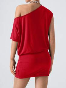 LYSMO Casual Loose Fit T-Shirt Dress, Minimalist & Stylish For Everyday Wear - Red - View 2
