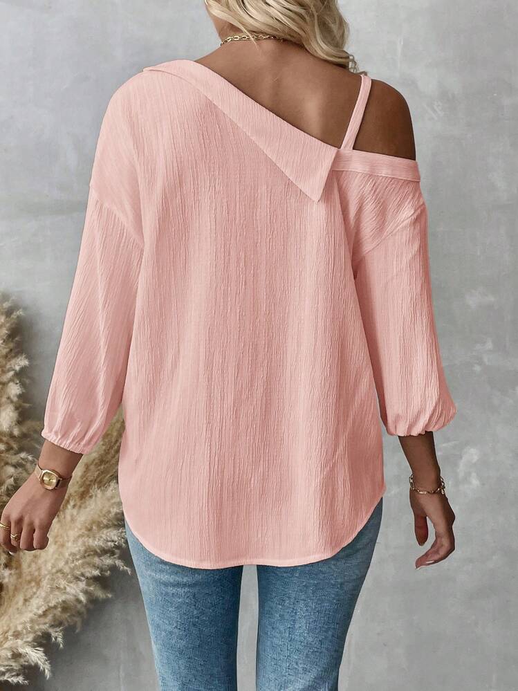 SHEIN Essnce Áo cánh rộng rãi, cổ trễ bất đối xứng, màu trơn, giản dị, mùa xuân/thu cho nữ, thời trang mới, phong cách đường phố, áo sơ mi vai bất đối xứng, dáng rộng - Màu Hồng baby - Xem 2