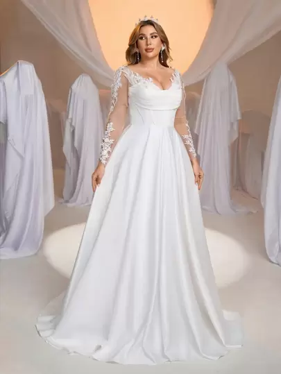 Aureia Plus Size Elegant Luxurious Sheer Long Sleeve Dress, Crystal Pearl Embroidered Floral Lace & Satin Mixed Fabric With Fish Bone Ruched Maxi And Trailing Train Dress, Suitable For Weddings, Single Party, Vacation, Bride, Valentine's Day