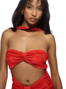 MISSGUIDED 圣诞节薄纱蕾丝领口扭结露胸抹胸迷你连衣裙