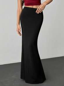 SHEIN Tall Women's Elastic Waist Extra Long Mermaid Skirt, Elegant Solid Color - Black - View 4