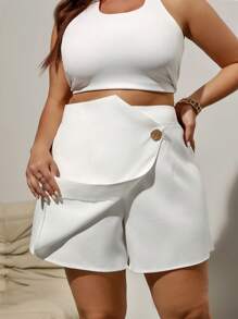 Firerie Plus Size Women Elegant Minimalist Fashion Business Casual White Asymmetrical Waist Metal Button A-Line Skort, Spring/Summer - White - View 1