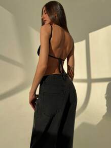 Aloruh Spaghetti Strap Backless Shiny Sequin Sexy Party Tank Top, Burgundy, For Valentine's Day, Christmas Sparkly - Black - View 7