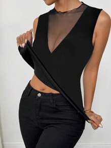 Islaluna Women's Shiny Black Mesh Splice Top, Elegant Party Dress For Winter