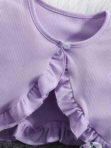 SHEIN 2pcs/Set Young Girl Floral Chinaware Print Dress & Ruffle Trim Cardigan Set,Holiday,Summer,Travel - Mauve Purple - View 3