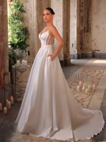 Glamrae Elegant White Satin Backless Dress With Sheer Mesh Panels, Adjustable Tie Shoulder Straps, Large Back Bow, Side Pockets, And Voluminous A-Line With Long Train, Bridal Gown, Wedding Dress, Bride - White - View 3