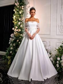 Glamrae Elegant White Lace Off-Shoulder Long Sleeve Pearled Mesh Draping Satin Shiny A-Line Ruffle Maxi Dress Wedding Gown With Adjustable Tie Back, Bride - White - View 4