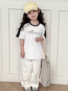 DAZY Young Girls Round Neck Knitted Letter Print Color Block Loose Short Sleeve T-Shirt, Spring/Summer