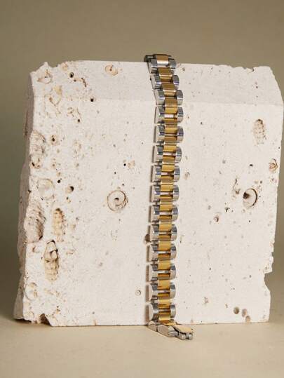 1件女士时尚不锈钢18K镀金网状表带手链，圣诞节冬季礼物