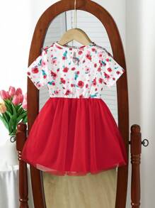 Baby Girls Floral Pattern Knitted Mesh Splicing A-Line Dress With Adjustable Waistband, Summer - Red - View 3