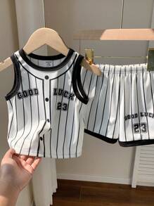 SHEIN 2pcs/Set Toddler/Infant Unisex Black & White Baseball Jersey Letter & Striped Pattern Round Neck Short Sleeve Top And Elastic Waist Shorts, Suitable For Sports - Black and White - View 6
