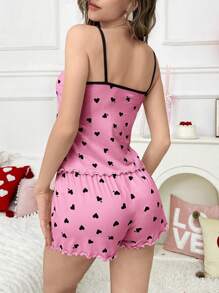 SHEIN 2pcs/Set Valentine's Day Contrast Color Ruffle Heart Print Camisole And Shorts Pajamas - Pink - View 2