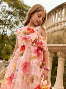 SHEIN Tween Girl Floral Water Print Ruffle Hem Dress, Elegant - Multicolor - View 3