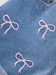 Young Girl' Casual Soft Washed Denim Shorts With Bow Print, Fashionable Comfortable Streetwear Shorts, Suitable For Vacation, Summer - Medium Wash - View 8