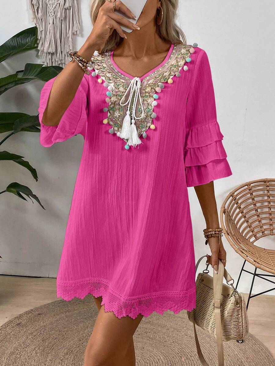 EMERY ROSE Women Fashionable Notched V-Neck Dress With Colored Pom-Pom Decoration Vacation Beach Outfit - Hot Pink - View 1