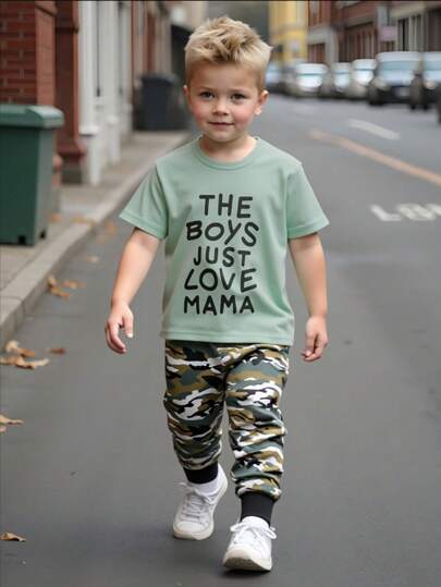 SHEIN Toddler Boys Slogan Graphic Tee With Camo Trousers
