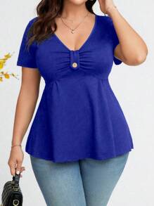 SHEIN Clasi Plus Size Simple Plain Short Sleeve T-Shirt, Casual And Versatile - Royal Blue - View 5