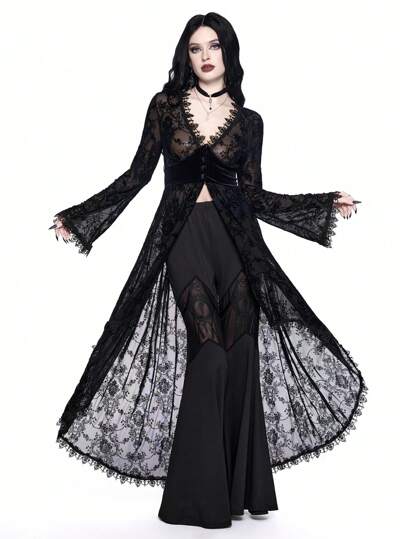 Goth كارديجان V-الرقبة ذو الهيمنة المتناسقة باللون الأسود من طراز حريري راقي