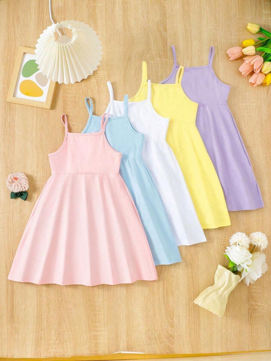 5pcs/Set Young Girl Solid Color Slip Dress, Suitable For Indoor & Outdoor Wear, School, Campus, College - Multicolor - View 1