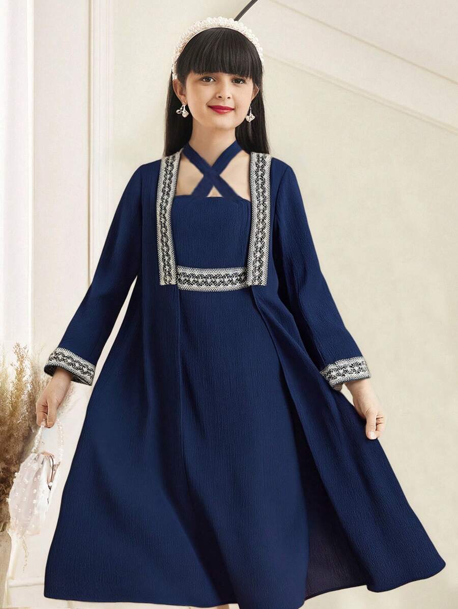 SHEIN 2pcs/Set Tween Girl Elegant Open Front Long Sleeve Coat & Halter Neck Dress Set - Blue - View 1