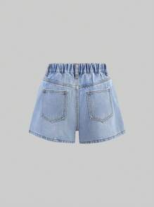 SHEIN Tween Girls Spring Summer Rhinestone Sequin Bling Light Blue Washed Denim Jeans Shorts With Slant Pocket,Girls Summer Beach Boho Vacation Concert Beach Outfits - Light Wash - View 2