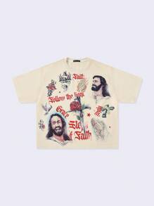 ROMWE MEN Goth Camiseta de manga corta con estampado de letras y caracteres, oversize y corta para hombre