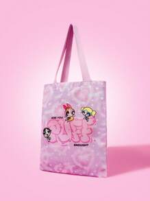 THE POWERPUFF GIRLS X SHEIN Women Cute Blossom, Bubbles, Buttercup Pattern Convenient Pink Tote Bag - Multicolor - View 3