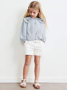 Maija Kids Maija Kids Áo cánh rộng rãi cho bé gái có cổ rộng, thêu hoa và nút nhiều màu, phong cách thường ngày, phù hợp cho mùa xuân và mùa đông - Màu xanh lam - Xem 3