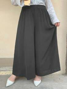 Dazy Plus Plus Size Solid Color Wide-Leg Pants Culottes, Casual & Stylish, Suitable For Summer,Fall Clothes,Teacher Pants - Grey - View 1