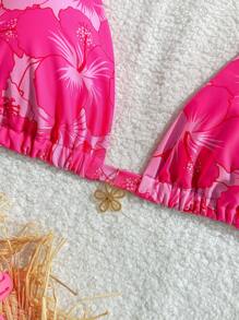 Swim Mod 大码女式夏季热带花卉装饰时尚吊带三角粉色比基尼上衣泳装 - 彩色 - 查看 4