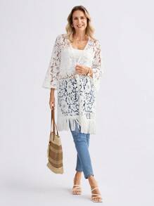 Miaspire White Embroidered Floral Fabric Splicing Tassel Hem Lightweight Women Jacket, Spring/Summer Resort Style - White - View 3