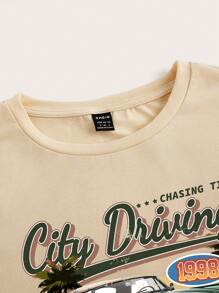 Slaydiva Camiseta corta de manga corta con cuello redondo y gráfico de coche y letra vintage, ajustada, adecuada para otoño e invierno, para mujer - Beis - Ver 5