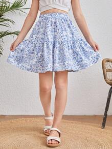 SHEIN Leap Crew Tween Girl Blue & White Chinoiserie Print Patchwork Ruffle Trim Holiday Skirt - Blue - View 3