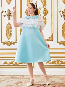 2pcs/Set Teen Girl Tiered Mesh Shawl Collar Beaded Sleeveless Satin Dress