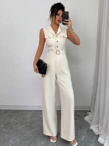 Elenzga 女式高端无袖连体裤，配有金属腰带、口袋、金色纽扣、翻领、腰部收褶、拉链长裤，优雅大方，春夏