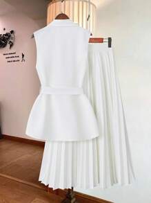 SHEIN Clasi Conjunto traje de chaleco de doble botonadura unicolor y falda plisada para mujer