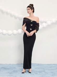 Poshira Women Black Knit Mixed Material Butterfly Gold Buttons Patchwork Metal Buckle Cocktail Dress, Wedding Guest Dress Music Festival Spring/Summer, Party Dress, Prom Dress - Black - View 3