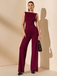 SHEIN BAE 纯黑色优雅性感露背系带蝴蝶结无袖超宽腿连体裤，百搭日常装扮，约会，外出，派对，优雅，不对称宽腿连体裤，情人节连体裤，日常连体裤，精致连体裤 - 酒紅色 - 查看 7