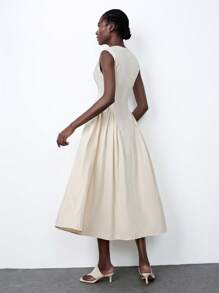 Lumivelle Women's Elegant Casual City Mid-Length Sleeveless Dress, Apricot Color, Flowing Crepe Fabric - Apricot - View 2