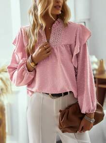 EMERY ROSE Women's Contrast Lace V-Neck Lantern Sleeve Blouse Fall Cloth For Women - Pink - View 3